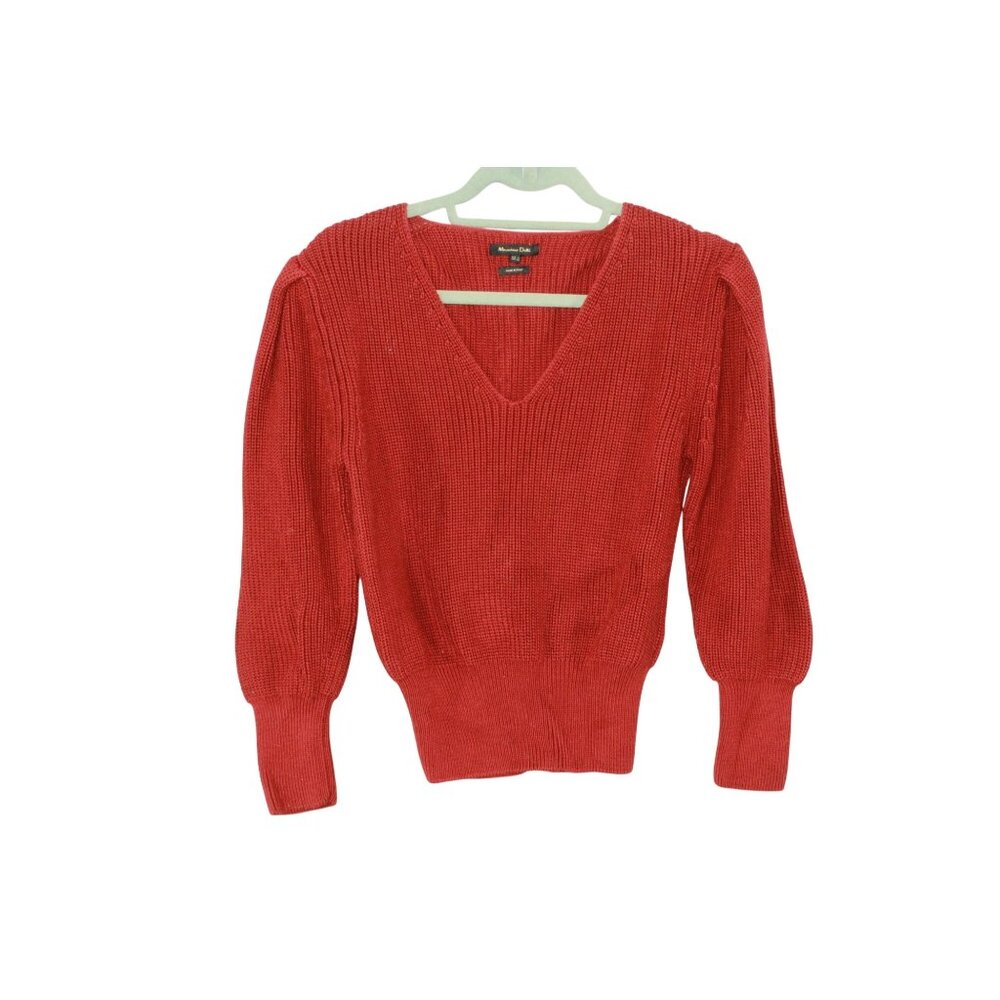 Massimo Dutti Red Knit Puff Sleeve V Neck Pullover Sweater Size Large Cozy Chic